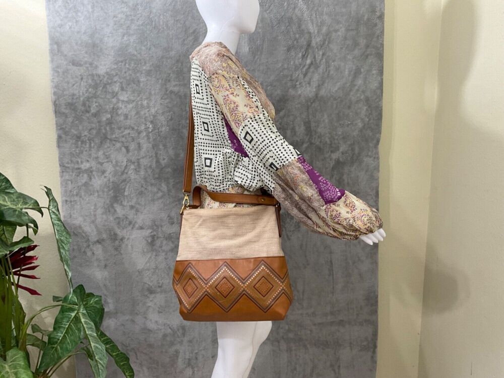 Fossil Amelia Hobo Linen /Faux Leather Shoulder Bag two different lengths straps
